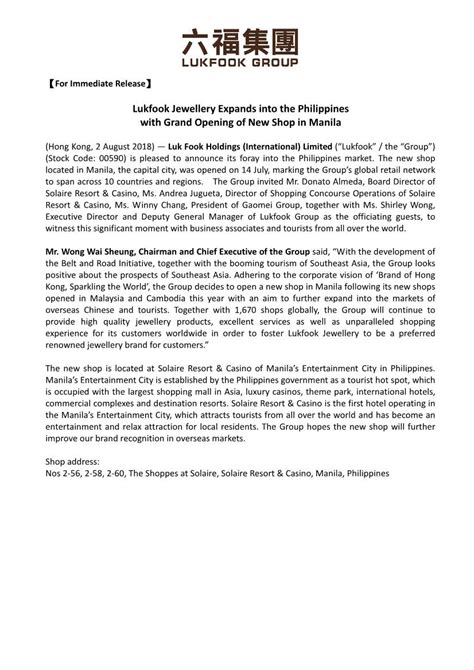 Lukfook Jewellery Expands Into the Philippines with Grand .